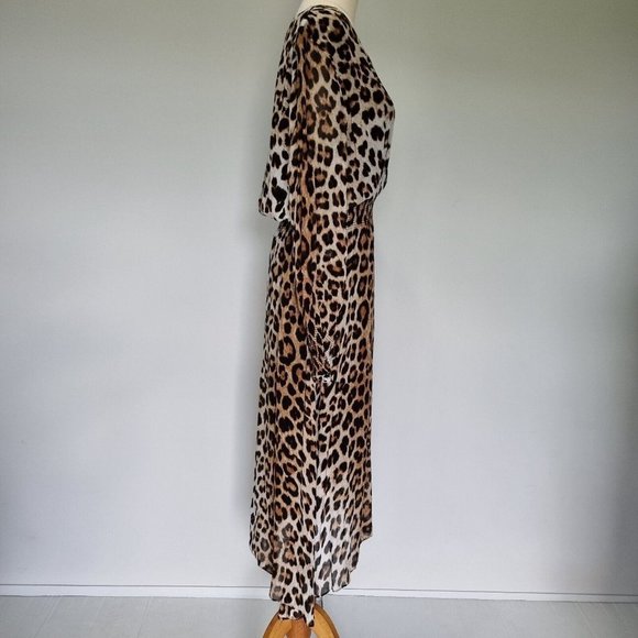 Witchery Multicolour Leopard Print Deep V-Neck Balloon Sleeve Midi Dress Size 12 - Picture 4 of 11